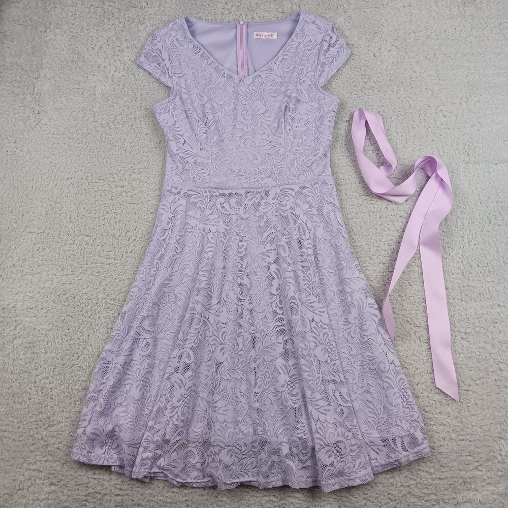 BeryLove Dress Women L Lavender Floral Lace Cap Sleeve A-Line Cocktail Ribbon